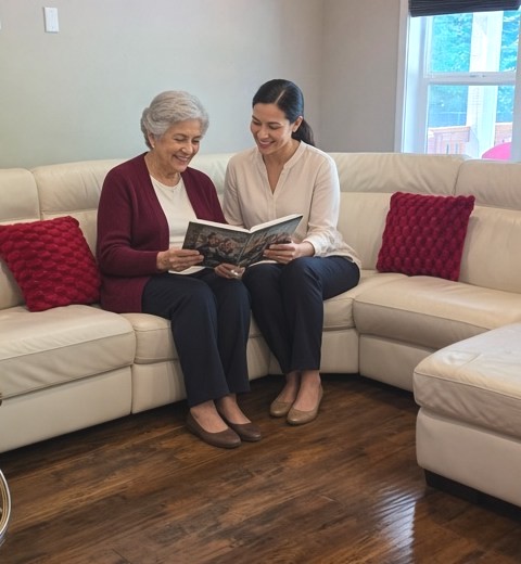 A caregiver and an older woman looking through a photo album together on the sofa
